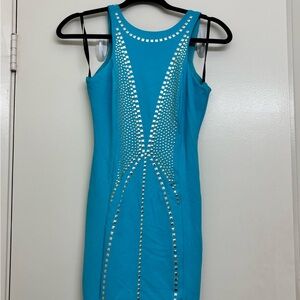 Bebe Blue Mini Dress with Silver/gold Accents